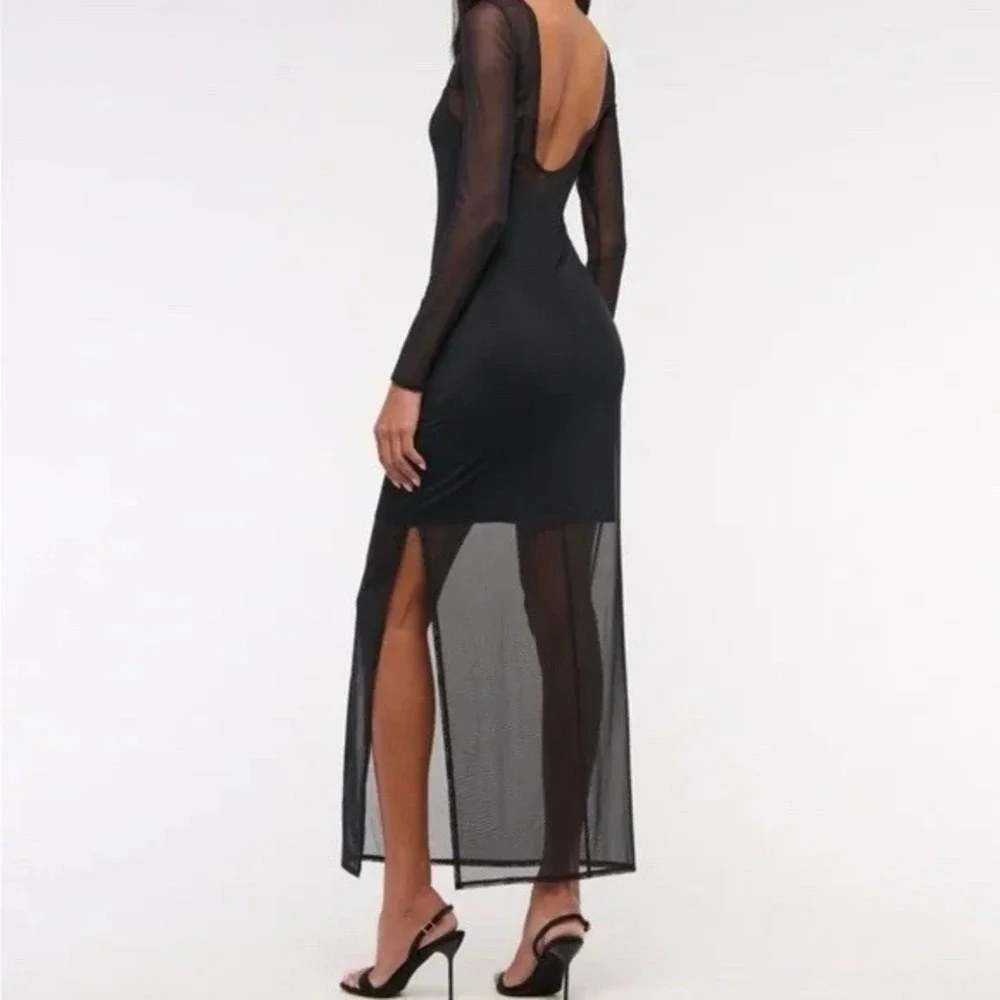 Abercrombie & Fitch‎ Long Sleeve Mesh Maxi Dress Sz S Sheer Open Back Slit Party